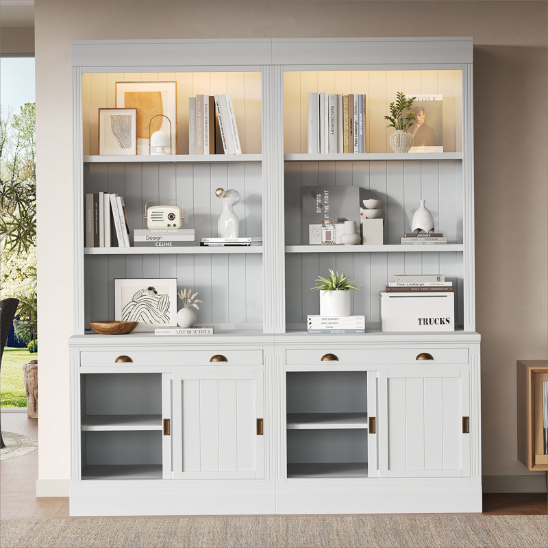 83.4"Tall Bookshelf Suite with LED Lighting, Modern Bookcase Suite with Sliding Doors,Drawers and Open Shelves,Storage Bookshelf for Living Room,Home Office,White