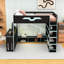 Lit mezzanine double en bois avec bande lumineuse, tablettes de rangement et bureau-483321948