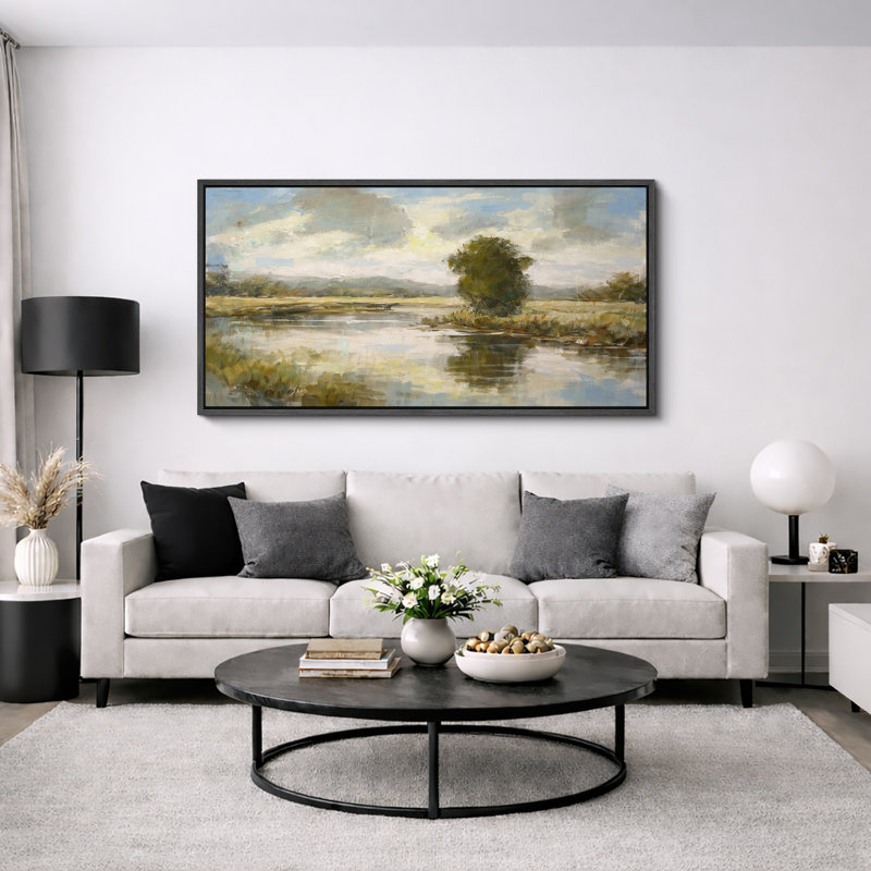 «Peaceful Countryside River», œuvre d'art de paysage rustique prairie, impression sur toile encadrée, H 30 po x l 60 po