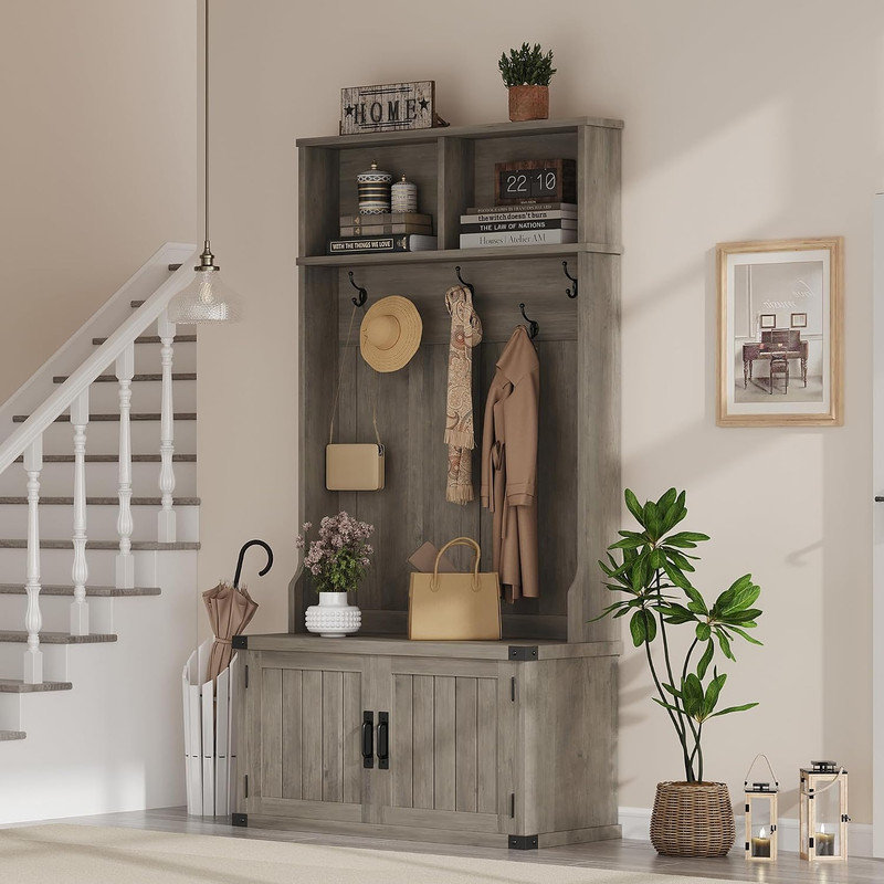 Très grand arbre d'entrée 40 "avec banc et rangement pour chaussures, tablettes réglables et compartiment à bottes, 5 portemanteaux