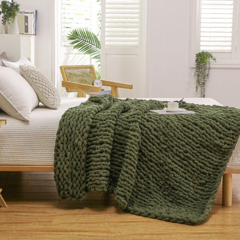 Chunky Knit Blanket Throw 50"×60" Knitted Throw Blankets for Couch Bed Fluffy Soft Blanket with Jumbo Chenille Yarn Thick 100% Handmade