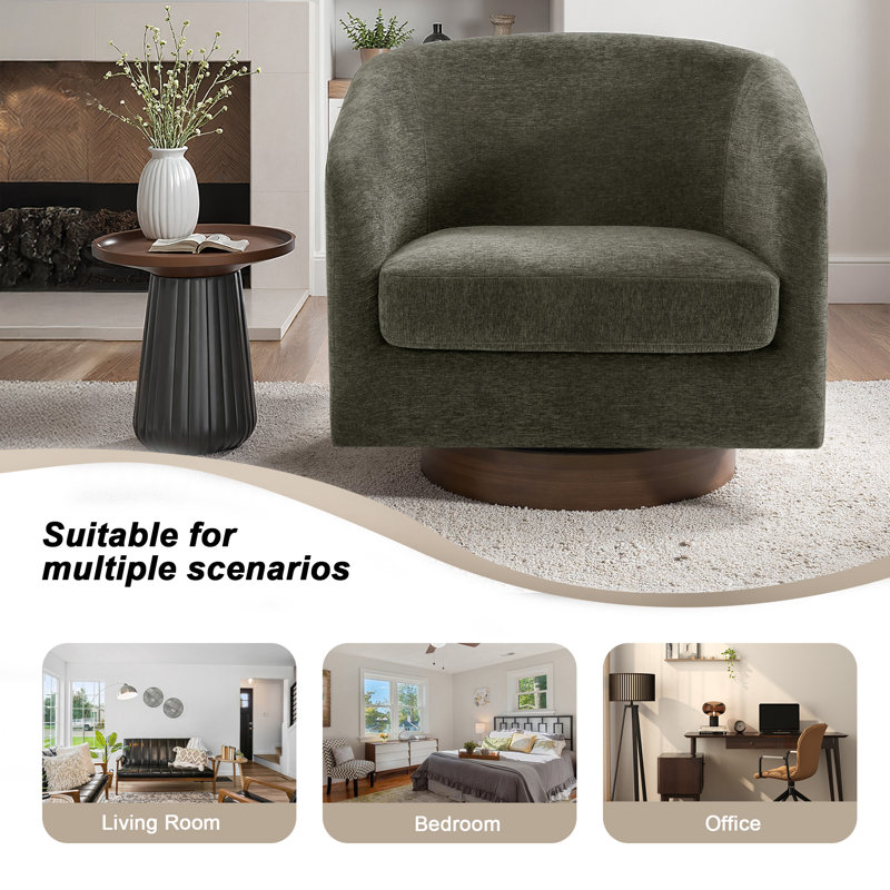 Fauteuil demi-tonneau pivotant en chenille brun clair avec base en bois massif Applewold, Chenille brun clair