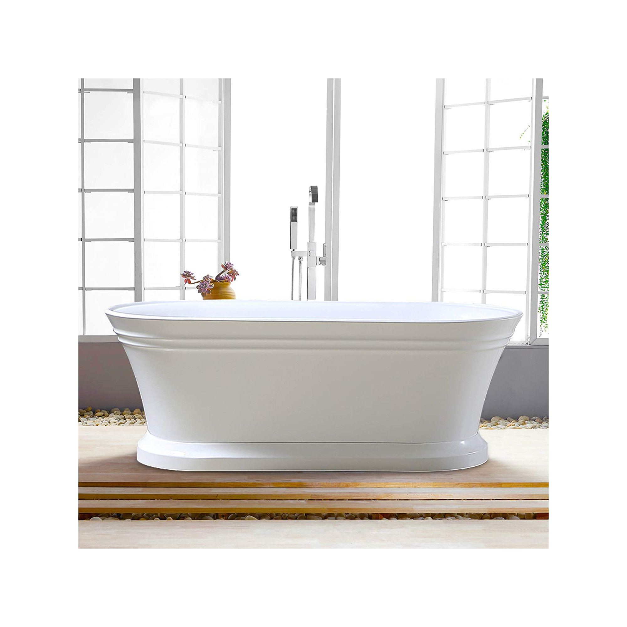 59" x 30" Freestanding Soaking Acrylic Bathtub, White/Classic Chrome