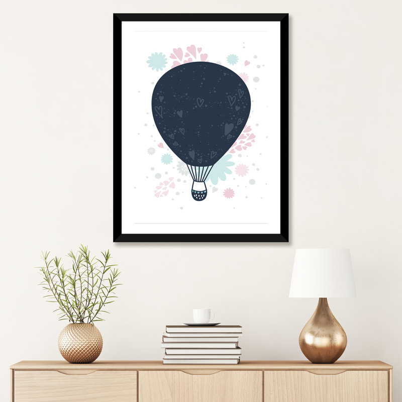 Montgolfière - impression d'art graphique, Papier encadré noir, Blanc, H 32 po x l 24 po x P 1 po
