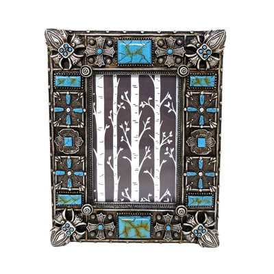 Resin Unique Southwestern Rectangular Turquoise Gemstone Photo Frame (4X6) - Native American Tabletop Decor Rustic Picture Frame - Western Home Decor