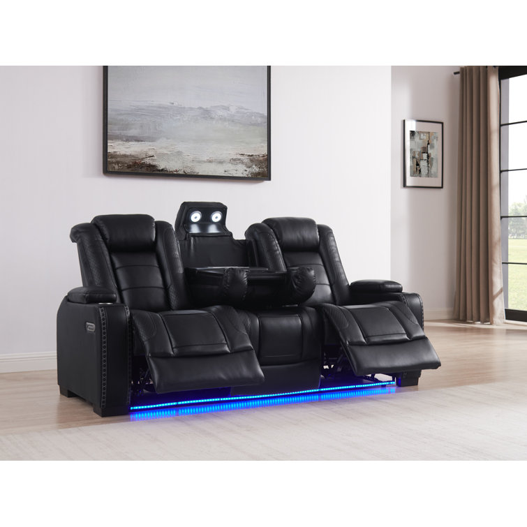 83.5''Wide Breathable Leather Square Arms Power Reclining Sofa With Reading Lights And Drop Down Table