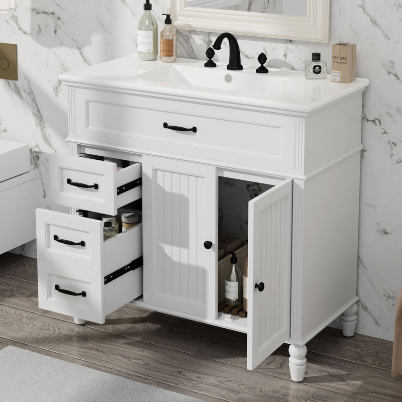 Meuble-lavabo simple 36 po avec comptoir en céramique 36 po, Blanc
