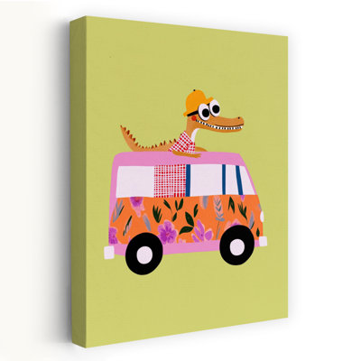 Alligator Van Adventure Colorful Playful Contemporary Alligator Crocodile Flower Summer Wall Art Print 1 Piece Wrapped Canvas Wall Art