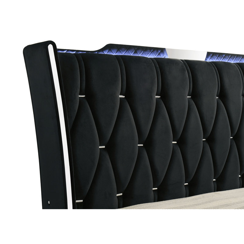 Black LED Upholstered Queen Wingback Bed Statement Headboard