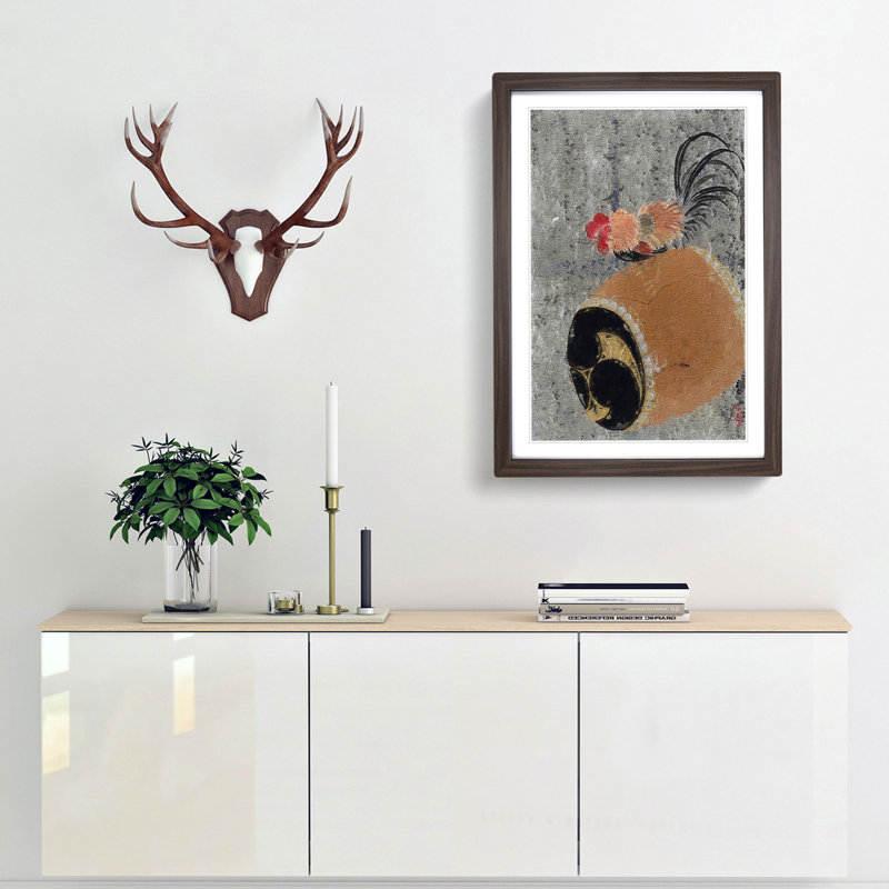 Cock on a Drum by Shibata Zeshin - Picture Frame Painting, 48cm H x 36cm W x 2cm D, Walnut Framed