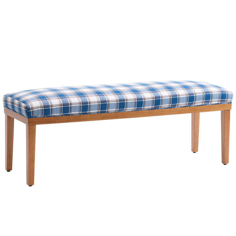 Upholstered Dining Bench Chair With Solid Wood Legs For Dining Table, 52.8'' W Blue Gingham Linen Seat, Blue Gingham