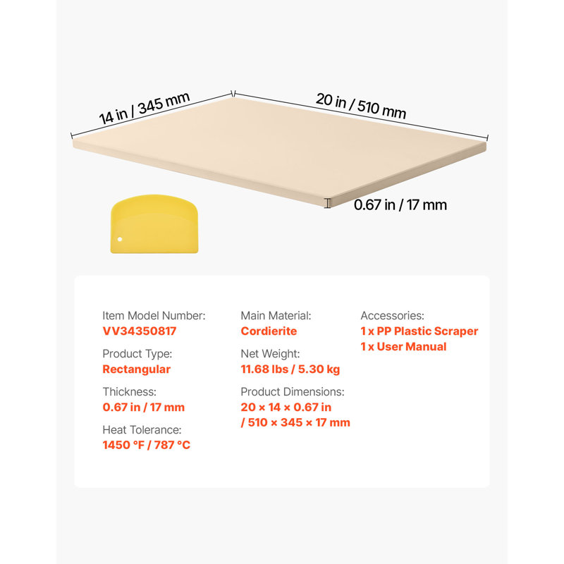 Pierre à pizza rectangulaire 51 x 36 x 1,7 cm, en cordiérite résistante à la chaleur jusqu'à 800 °C, extra large, avec racloir, idéale pour le barbecue, la cuisson du pain et des pizzas, et conçue pour le four.