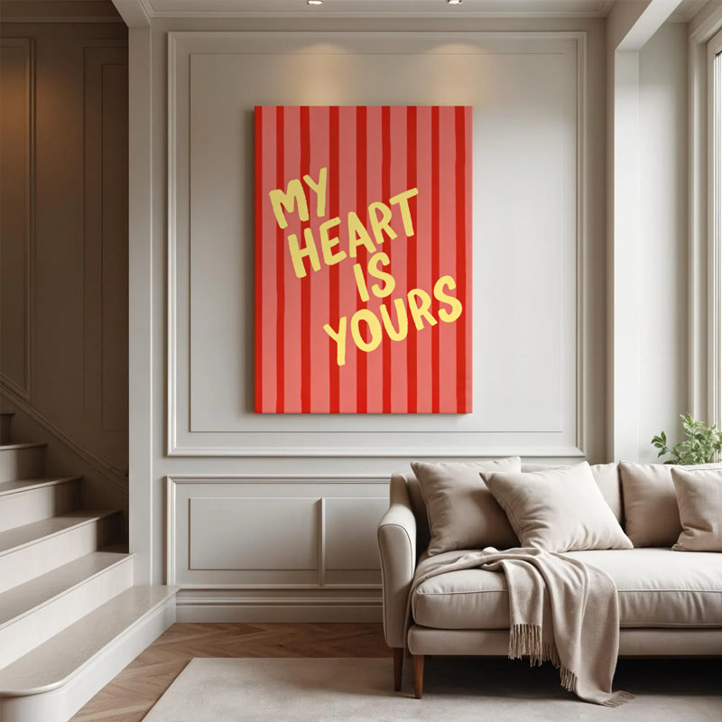 Tableau sur toile « Mon cœur est à toi » à la typographie ludique, impression sur châssis entoilé 61 x 91 cm, décoration murale romantique rose et rouge pour chambre, salon et entrée