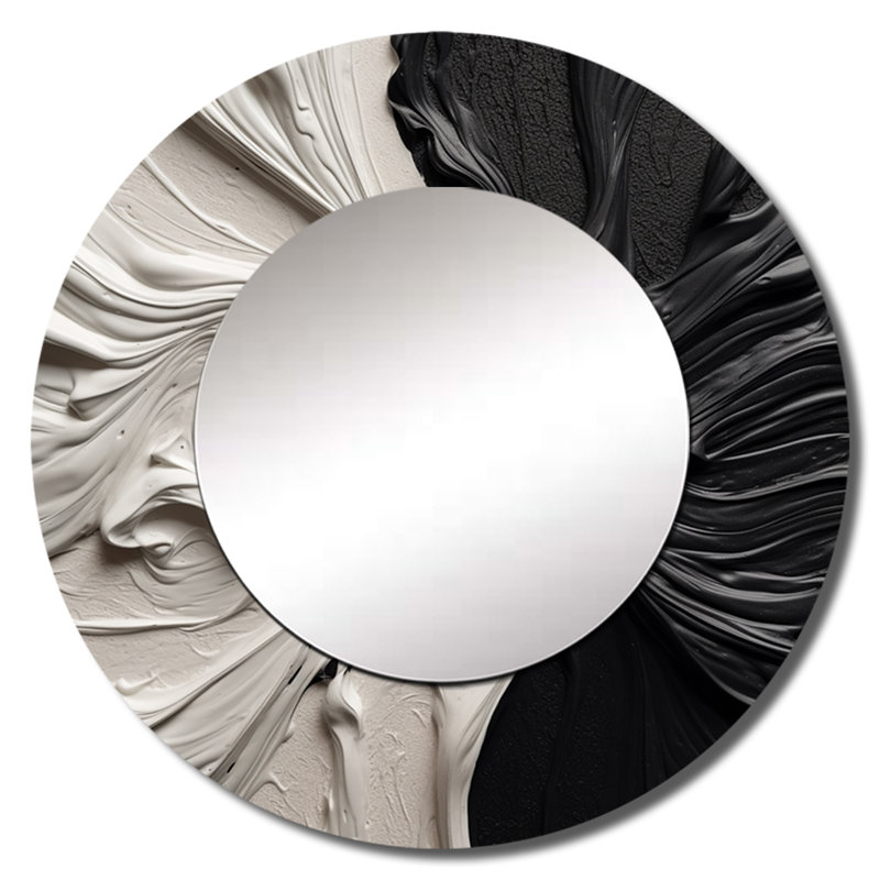 Philamena Black White Marbled Dreamscape III - Geometric Decorative Mirror, Modern Round Wall Mirror, Printed Metal Art