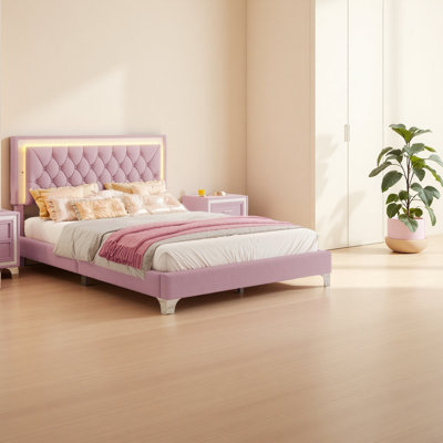 Grand cadre de lit tapissier grand avec lumières DEL, lit plateforme moderne en velours avec tête de lit capitonnée