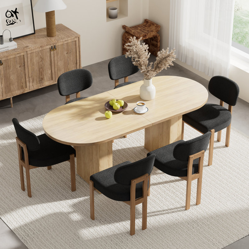 Oval Double Pedestal Kitchen Table Sets, 7 Pieces: Table, 6 Chairs, Black, Natural