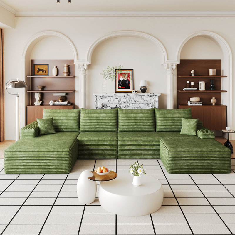 Canapé modulaire 135 po avec 1 repose-pieds Cloud, fauteuils rembourrés minimalistes modernes, canapé confortable en forme de U pour le salon, canapé d'angle à siège profond, sans assemblage requis, noir (tissu en velours côtelé moelleux), vert