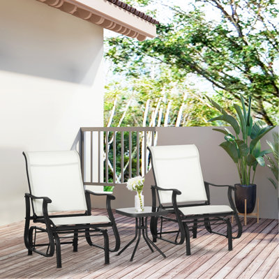 Ensemble bistro 3 pièces avec cadre en acier, plateau en verre trempé pour patio, jardin, cour, blanc, crème