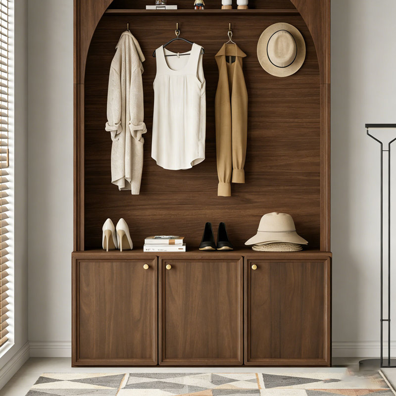 All-in-One Hall Tree with Adjustable Shelves, Retro Arched Entryway Storage Bench with 3 Cabinets, Walnut