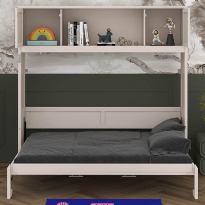 Lit armoire pleine grandeur avec tablette de rangement et armoires, lit escamotable plié, lit escamotable mural, cadre de lit en bois