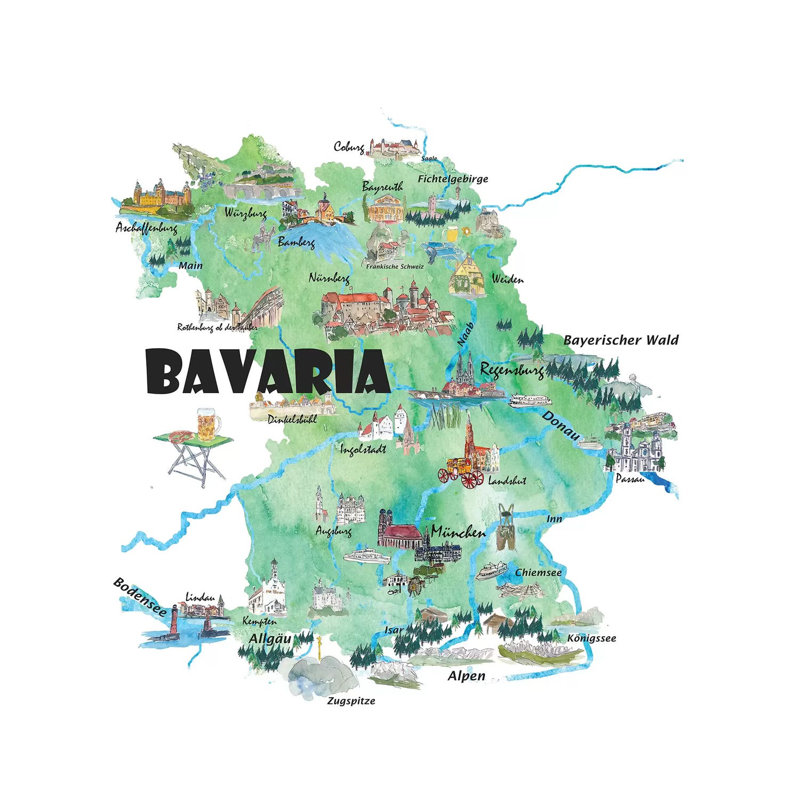 Bavaria, Germany Illustrated Travel Poster by Markus & Martina Bleichner - Wrapped Canvas Gallery-Wrapped Canvas Giclée