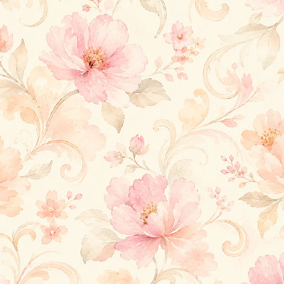 Papier peint adhésif pelez et collez, pivoine rose douce, aquarelle rétro, beige, papier peint mural l 23,6 po x H 118 po
