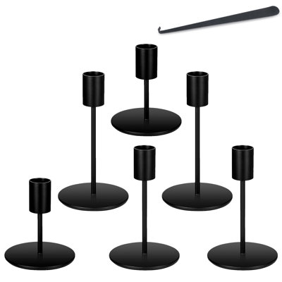 Ensemble de 6 chandeliers en métal noir, chandeliers fuselés rétro pour mariage, table de salle à manger, décor de manteau de cheminée, convient aux bougies épaisses de 0,85 po et aux lumières DEL, comprend un crochet à bougie
