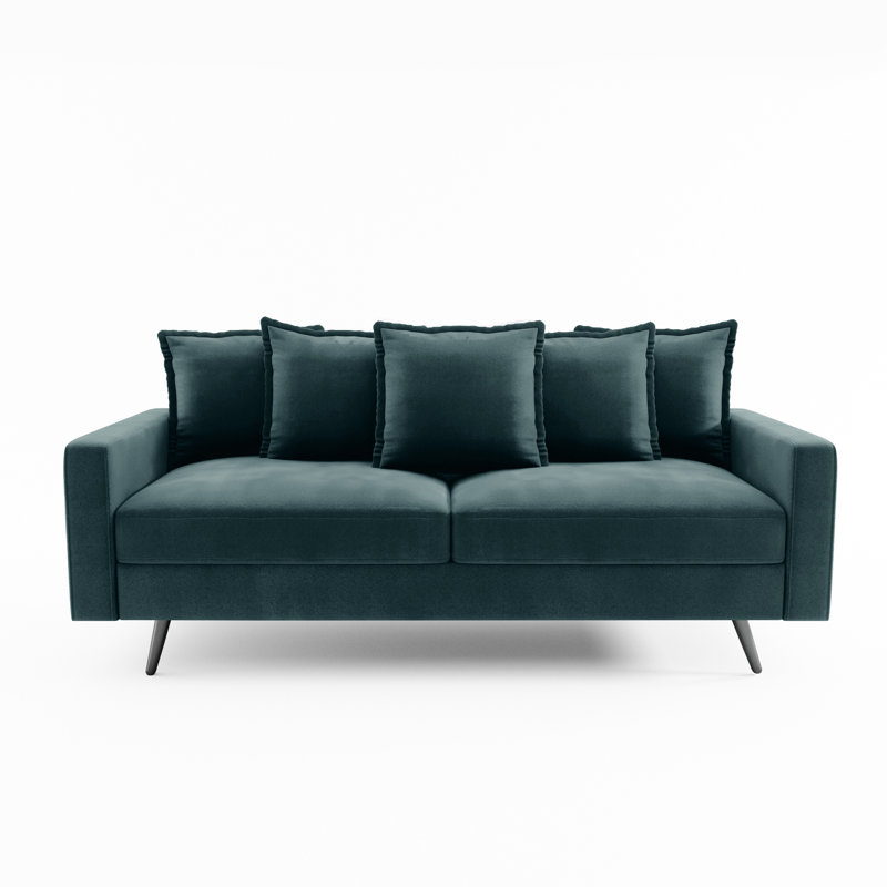 70" Velvet Square Arm Sofa, Prussian Blue Velvet, Black