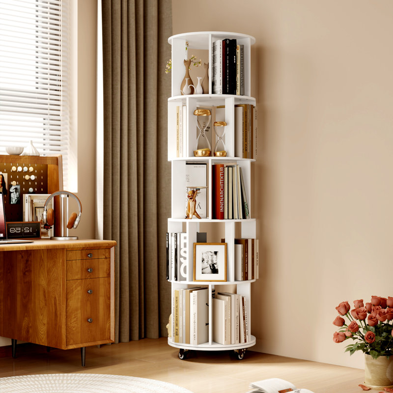 5-tier 360° Rotating Bookshelf With Wheels, Adjustable 2 To 5 Tiers Storage, White