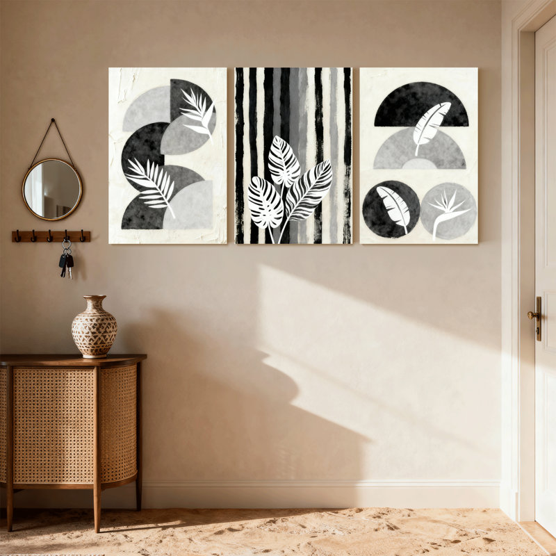 Ensemble de 3 reproductions d'art contemporain sur toile à motif abstrait de feuilles et de rayures Boho, H 18 po x l 36 po