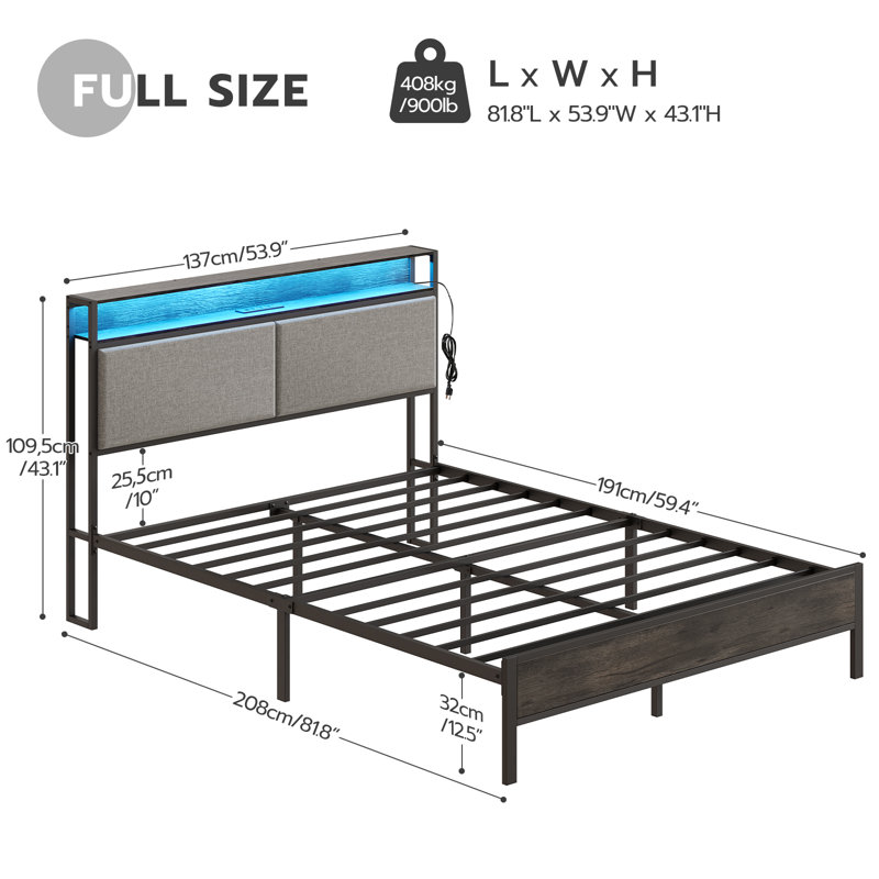 Jeffory Bed with Storage Headboard and Integrated Charging Station, Full, Gray