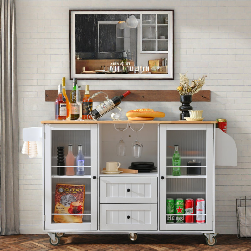 Kitchen Island  With Dropleaf Top, Towel Rack, Spice Rack, 2 Drawers And 2-door Cabinet