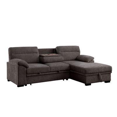 Kipling II 94"W Brown Chenille Fabric Sleeper Sectional Sofa With Right-Facing Chaise, Cupholders, USB Charging Port