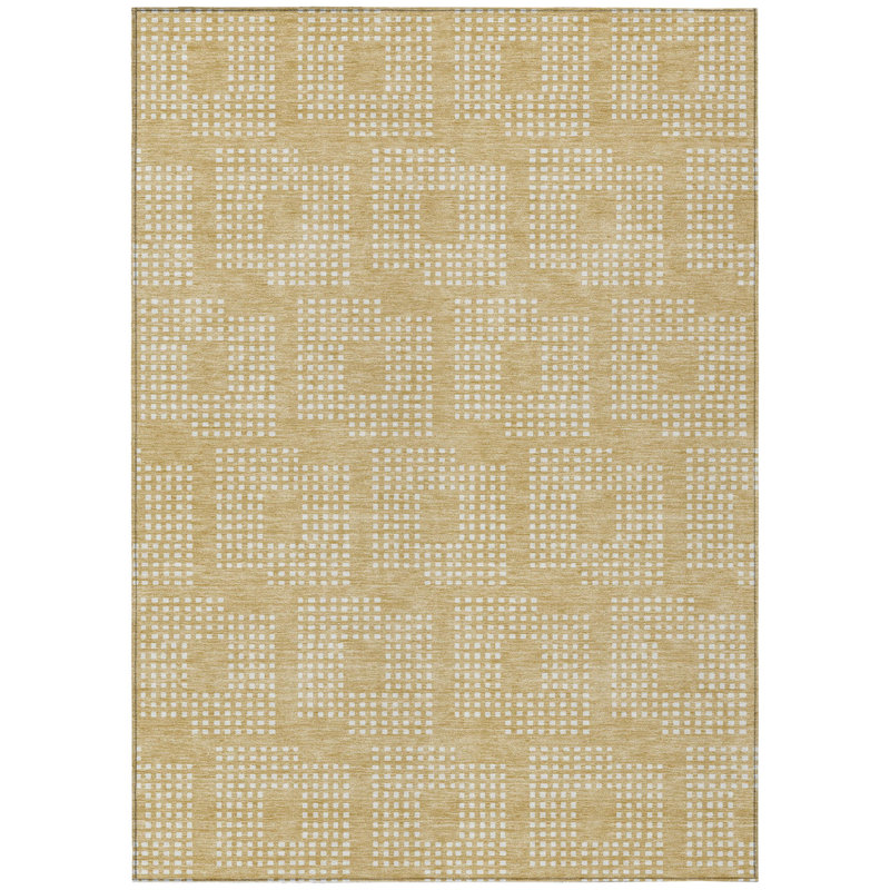3' X 5' Gold And Ivory Geometric Washable Indoor Outdoor Area Rug