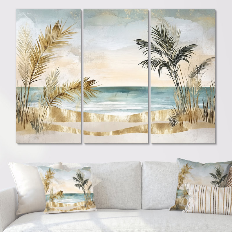 Palmier sur toile, plage tropicale - ensemble d'art mural encadré 3 pièces Jamil, H 40 po x l 60 po, Toile tendue sans cadre
