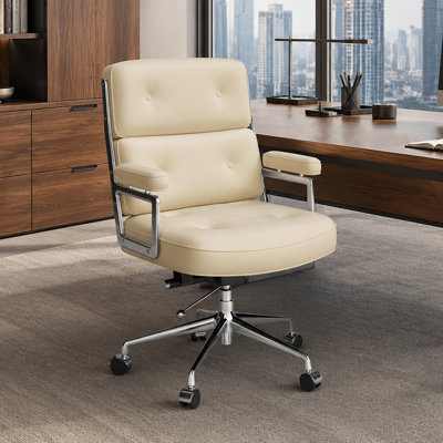 Chaise de bureau pivotante en cuir véritable avec base en aluminium