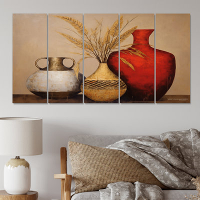 Nature morte vases avec gracieux blé séché I - impression d'art mural Boho Pottery - 5 panneaux égaux