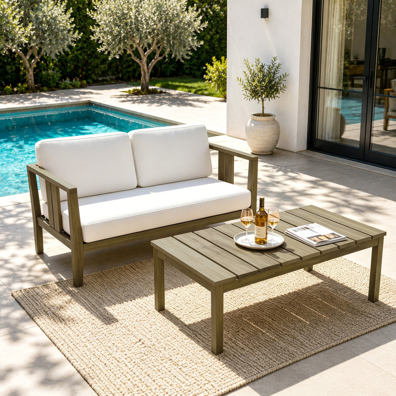 Ensemble de patio d'extérieur pour deux personnes en teck avec coussins et table basse Junco, Beige, Brun