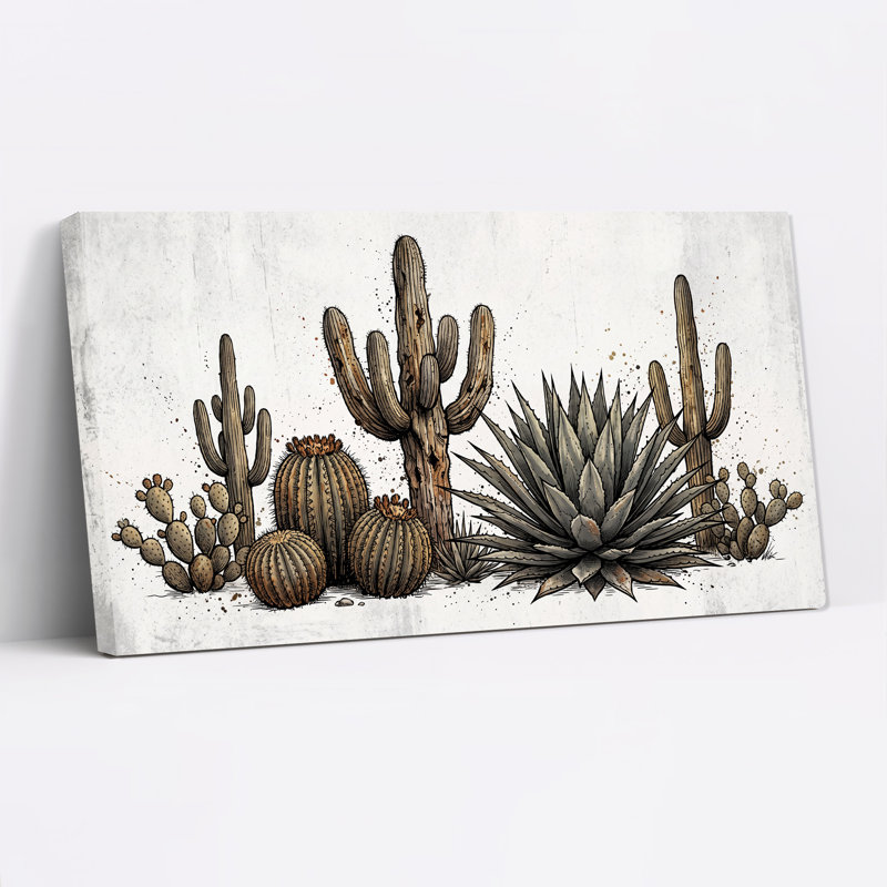 Illustration sur toile représentant des cactus du désert et des agaves, L 46 po x H 24 po