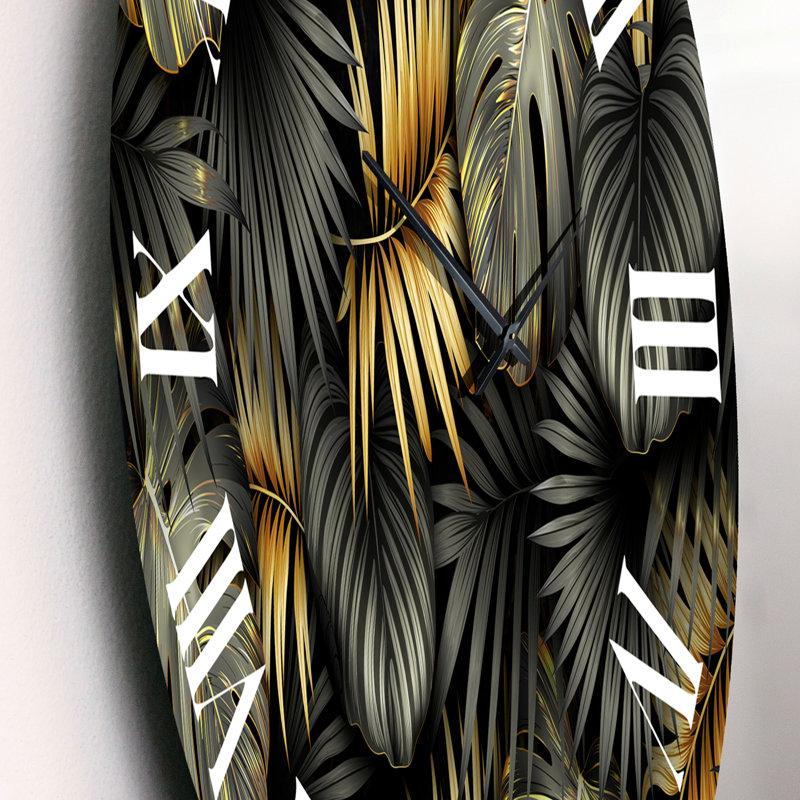 Feuilles tropicales noires et dorées II - horloge murale moderne, Moyen