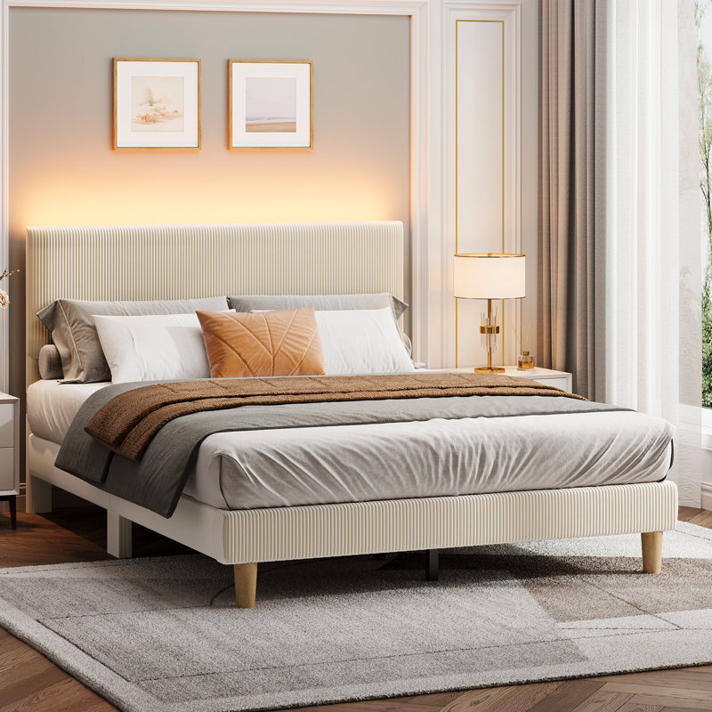 Aadi Corduroy Upholstered Platform Bed with Channel-Tufted Headboard, Modern Queen Bed Frame with Soft Padded Edges and Ambient LED