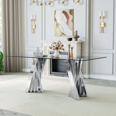 70.08" Glass Top Metal Base Dining Table