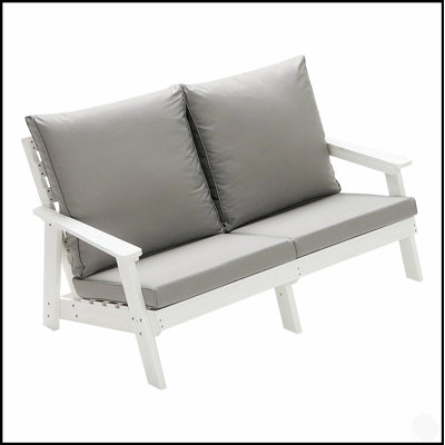 HIPS Loveseat With Cushion, Wood Grain Outdoor Garden Sofa For Comfort And Style