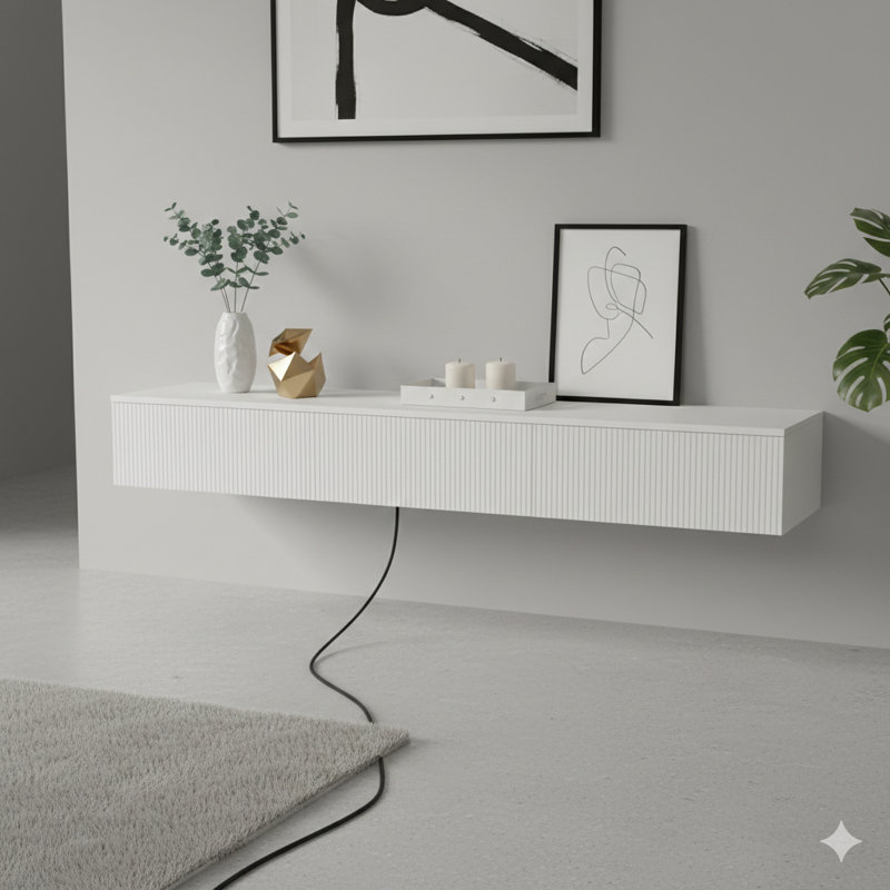 Console de télévision murale flottante mesurant 69 pouces, équipée d'un éclairage à DEL de 16 couleurs. Un centre de divertissement moderne conçu pour supporter les téléviseurs de 55, 60 ou 65 pouces.