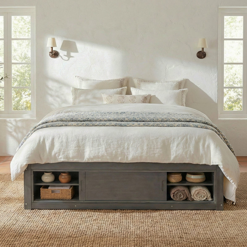 Loria Size Platform Bed Frame With 4 Storage Drawers And Footboard Storage Cubby, No Headboard, Modern Space-Saving Design-Antique Gray