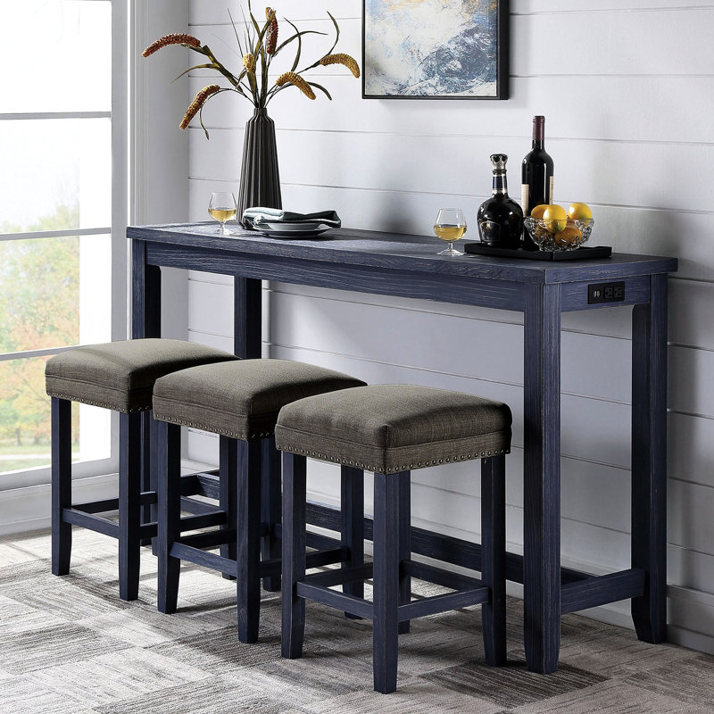 Table de salle à manger rectangulaire 4 pièces de style transitionnel, 1 et 3 tabourets, fabrication en bois massif, couleur bleu / gris antique, siège rembourré avec garniture cloutée et prise de courant pour placage
