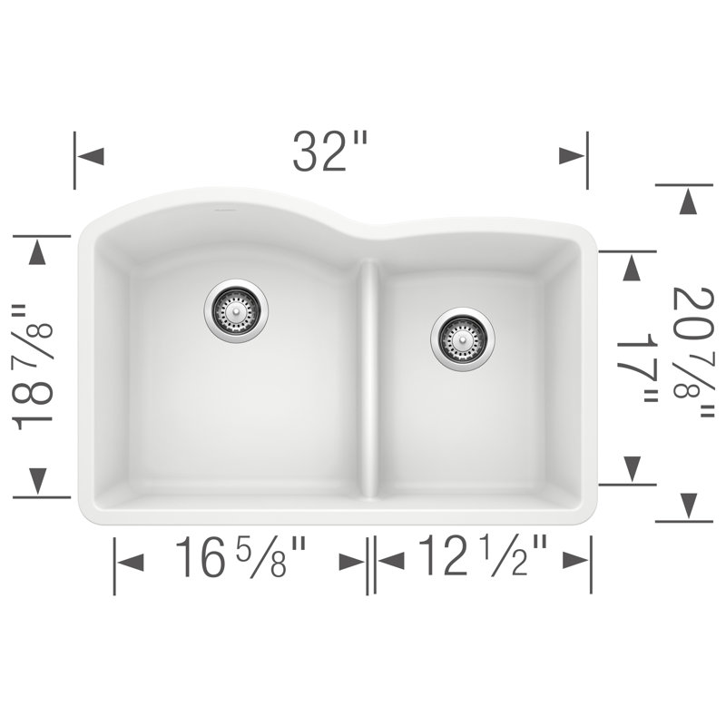 Diamond Silgranit 32" 60/40 Double Bowl Undermount Kitchen Sink with Low Divide - White, White