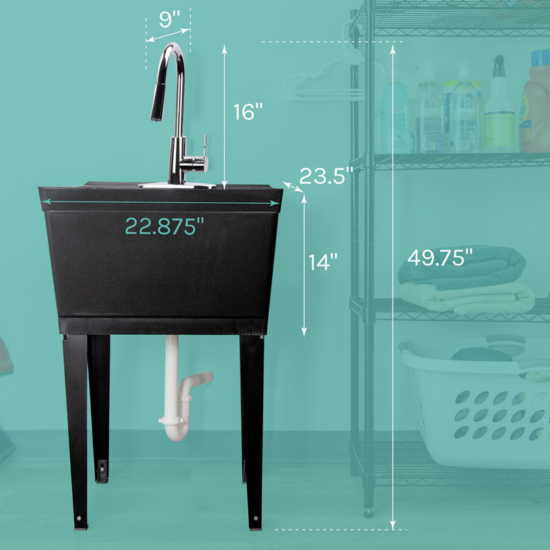 22.875'' L x 23.5'' W Freestanding Laundry Sink with Faucet, Chrome, Black