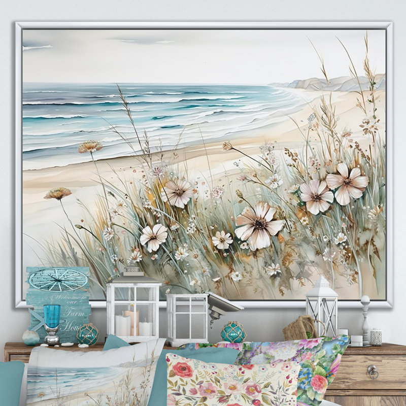 Fleurs sauvages sur la plage - Fleurs sauvages encadrées, H 24 po x l 32 po x P 1 po, Cadre flottant blanc