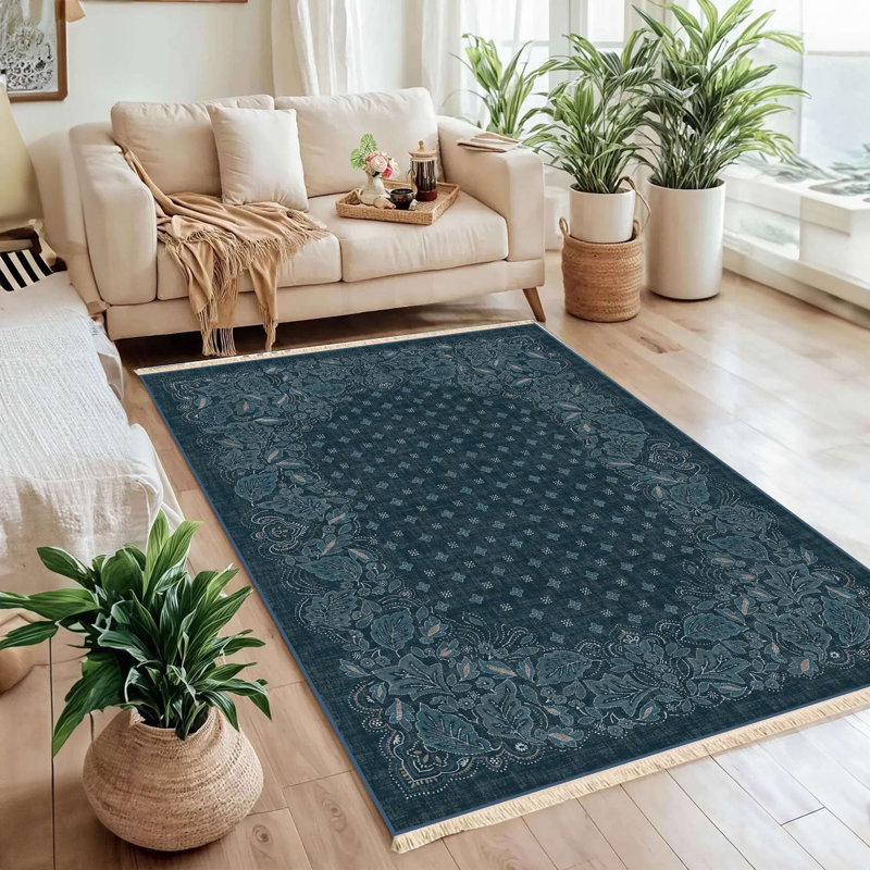 Tapis indigo mystique à bordure florale minuit